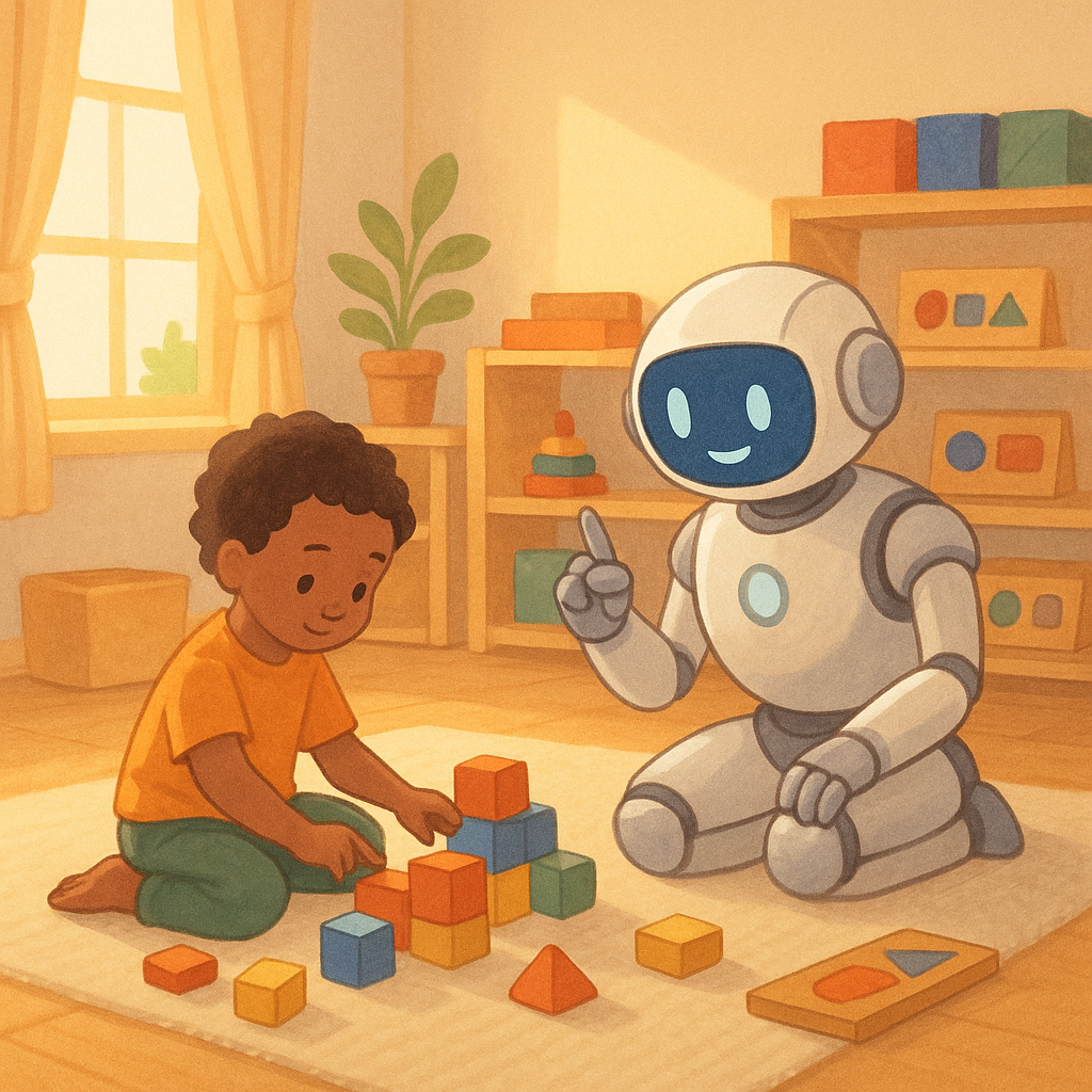 モンテッソーリ教室で子どもがブロックで遊び、AIアシスタントが隣で助言するイラスト